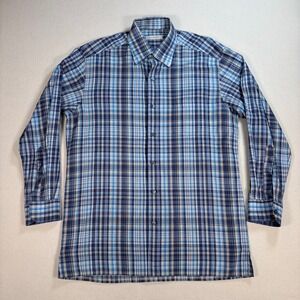 Ermenegildo Zegna‎ Shirt Men's L Blue Plaid 100% Cotton Pocket Button Down